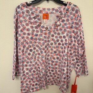 Hearts of Palm Women's Red and Blue Patterned Long Sleeve Top